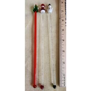 Three Vintage Christmas Glass Stir Sticks Swizzles Barware